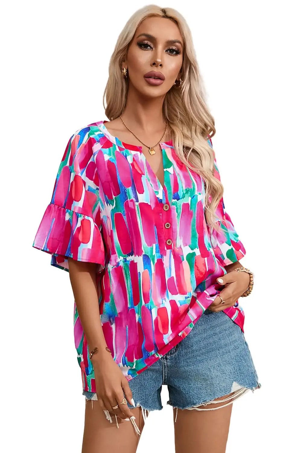 Rose Abstract Brushwork Print Buttoned V Neck Blouse - Love Salve